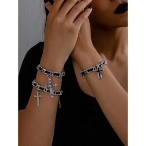 3x Silver & Black Gothic Punk Rock Cross Charm Chain Bracelet Set